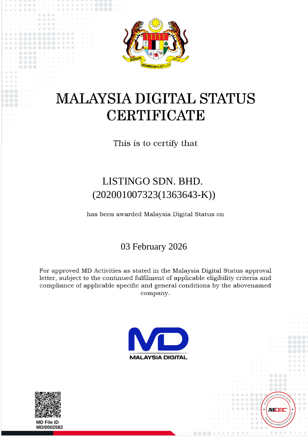 Listingo Sdn Bhd Malaysia Digital Status Certificate